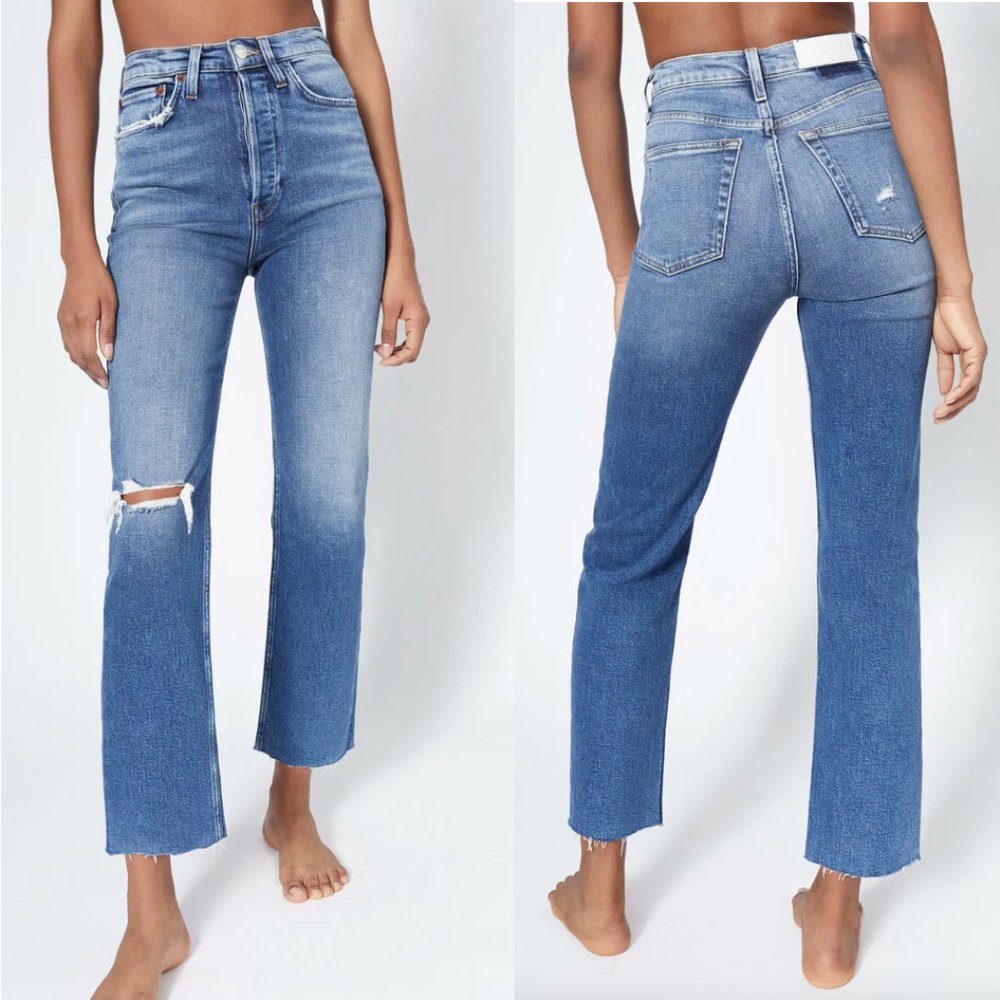 RE/DONE Ultra High Rise Stove Pipe Jeans Vintage Indigo Destroy
